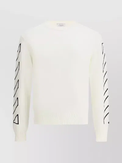 Off-white Graphic Logo Cotton Sweater With Ribbed Crew In White