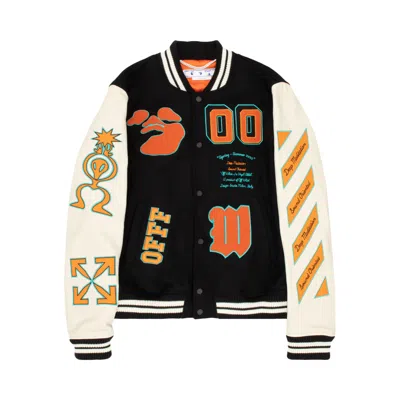 Pre-owned Off-white Graphics Leather Varsity Jacket 'black/orange'