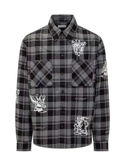 OFF-WHITE GREY AND BLACK SHIRT WITH CHARACTERS PRINT AND CHECK MOTIF