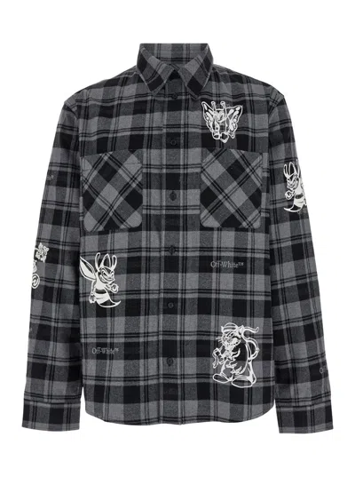 OFF-WHITE OFF-WHITE MEN GREY AND BLACK SHIRT WITH CHARACTERS PRINT AND CHECK MOTIF IN COTTON MAN