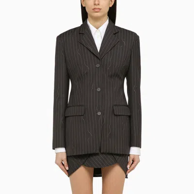 Off-white Grey Pinstripe Wool Blend Single-breasted Jacket For Women