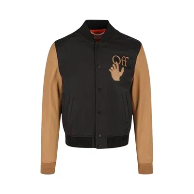 Pre-owned Off-white Hand Off Leather Varsity Jacket 'tan/black' | Men's Size M