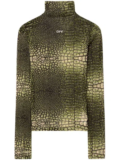 Off-white High-neck T-shirt With Crocodile Skin Print In Green