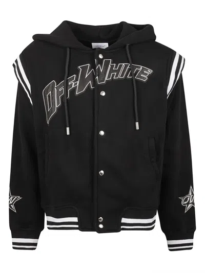 Off-white Hooded Button-up Sweater With Sporty Stripes In Black