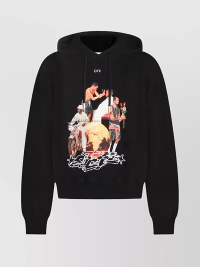 OFF-WHITE HOODED SWEATSHIRT WITH GRAPHIC PRINT AND RIBBED CUFFS