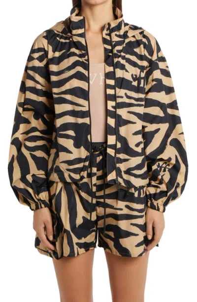 Off-white Hooded Zebra Stripe Balloon Sleeve Jacket In Beige Black