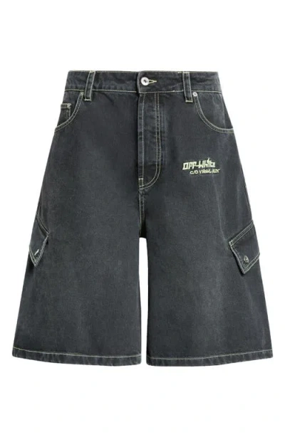 Off-white Irregular Denim Wide Leg Cargo Shorts In Vintage Black