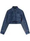Off-white Cropped Denim Moto Jacket With Front Cutout In Blue