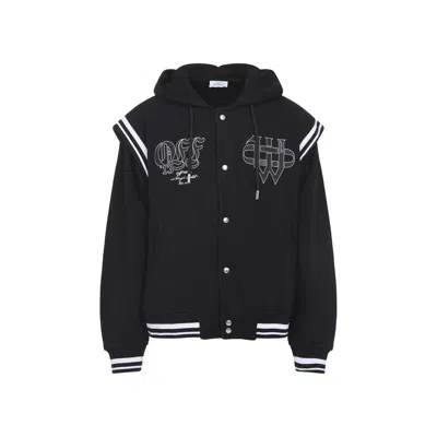 Off-white Varsity Hooded Fleece Jacket Pockets In Black