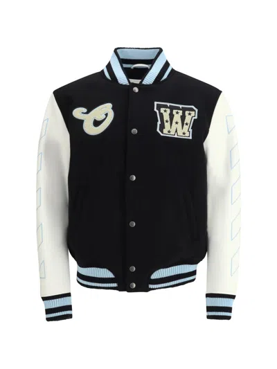 Off-white Logo Flocked Button-up Bomber Jacket In Black