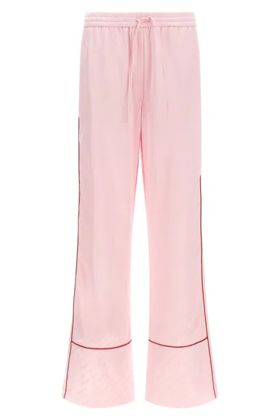 Off-white Jacquard Satin Pajama Trousers Side Stripe In Pink