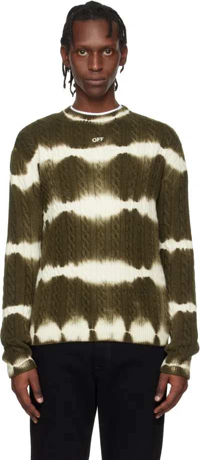 Off-white Wool Cable Knit Crew Neck Sweater In Green