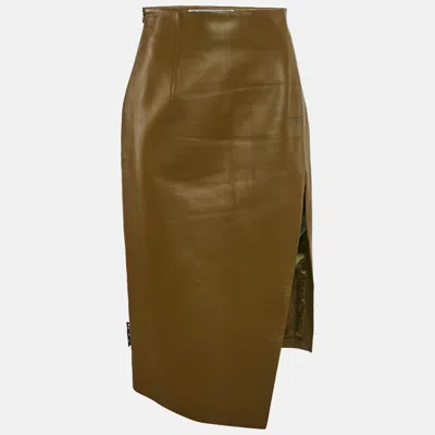 Pre-owned Off-white Khaki/green Leather Side Slit Detail Skirt M