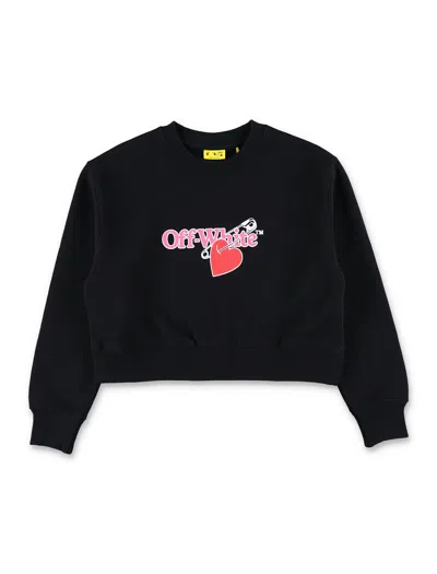 Off-white Kids Black Cropped Cotton Sweatshirt With Heart Print