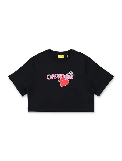 OFF-WHITE OFF-WHITE KIDS BLACK CROPPED COTTON T-SHIRT WITH HEART PRINT