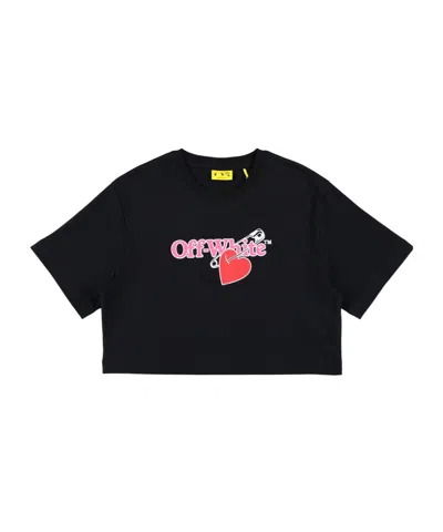 Off-white Kids Logo Printed Cropped T-shirt In Black