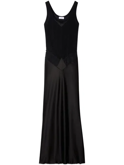 Off-white Lace-panel Satin Maxi Dress In 黑色