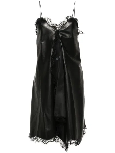 Off-white Nappa Wrap Slip Dress With Lace Hems In Black