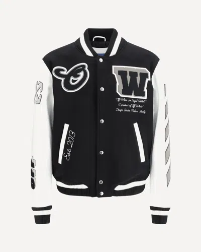 Off-white Leather And Wool Varsity Bomber In Multicolor