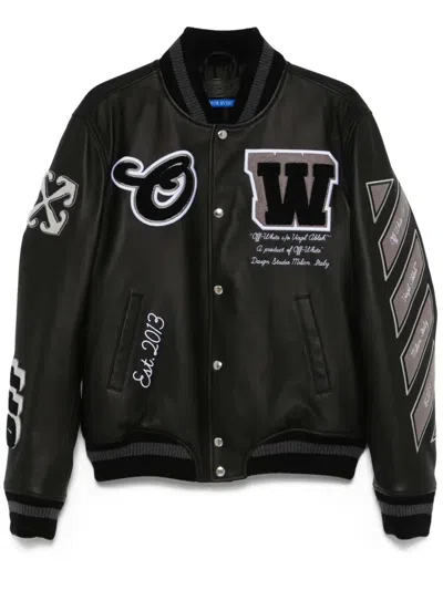 Off-white Leather Bomber Jacket In Black