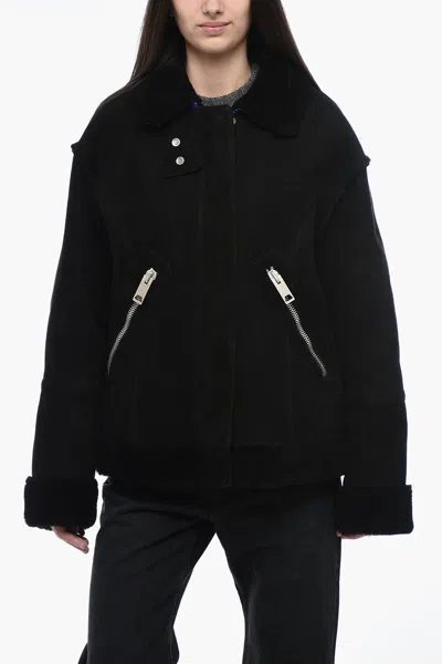 Off-white Leather Jacket With Shearling Detailing In Black