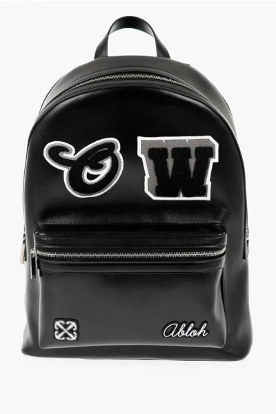 Off-white Leather Round Varsity Backpack With Patches