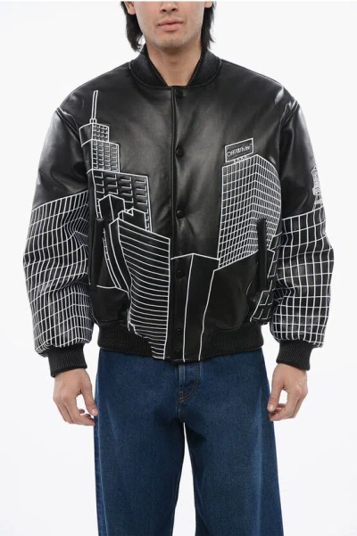 Off-white Leather Skyline Varsity Bomber In Black
