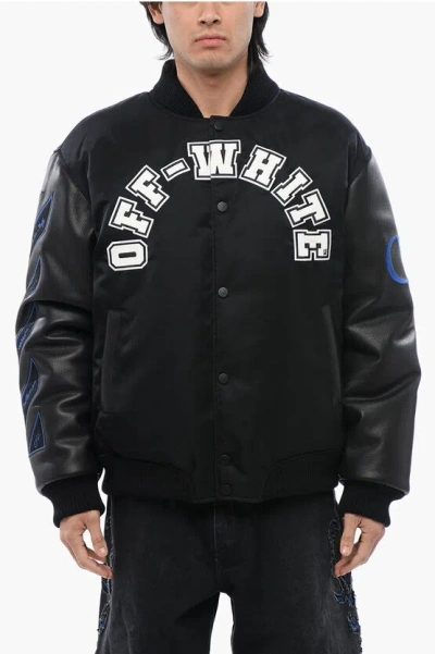 OFF-WHITE LEATHER SLEEVED BASEBALL LEA BOMBER JACKET WITH LOGO PATCH
