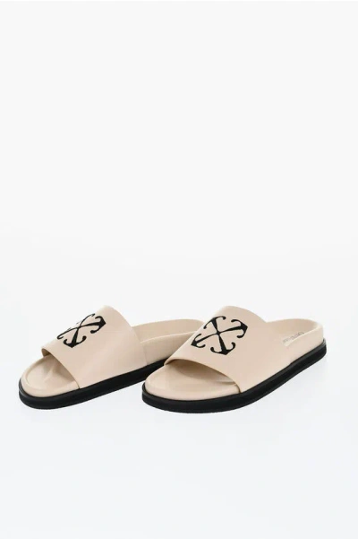 Off-white Leather Slides With Embroidered Logo In Beige