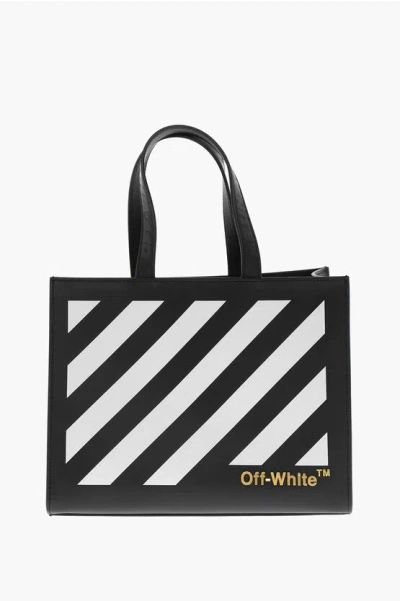 Off-white Leather Tote Bag With Diagonal Stripe Detailing In Gold
