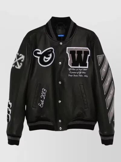 Off-white Leather Varsity Bomber Jacket Ribbed Trim In Black
