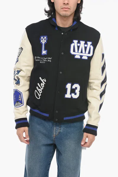 Off-white Leather Varsity Bomber With Patchwork In Multi