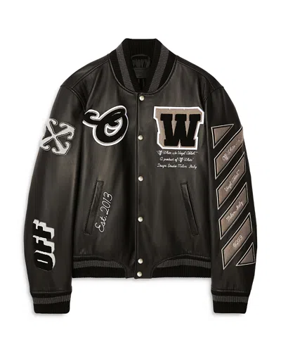 Off-white Logo-embroidered Leather Varsity Jacket In Black Off-white Logo-embroidered Leather Varsity Jacket In Black
