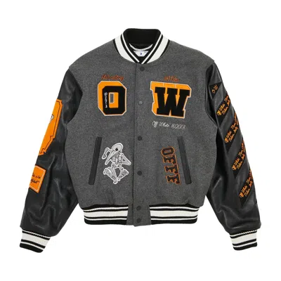Pre-owned Off-white Leather Varsity Jacket 'medium Grey/multicolor' In Gray