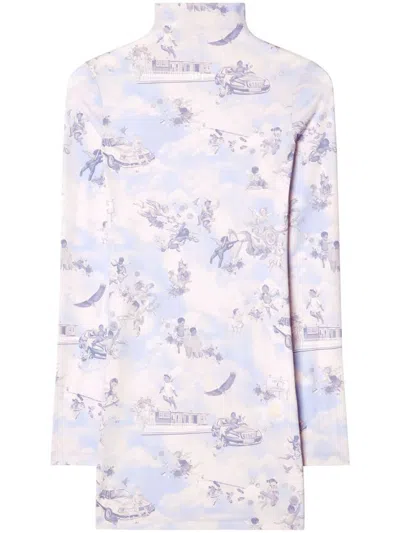 Off-white Light Blue High-neck Mini Dress With Print In Baby Blue