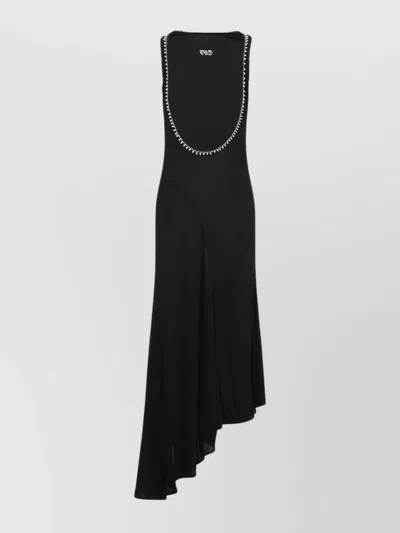 Off-white Light Ribbed 20s Long Dress With Embroidery In Black
