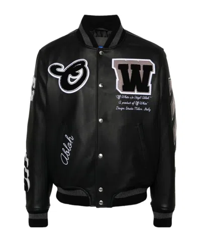 Off-white Logo-embroidered Leather Varsity Jacket In Black