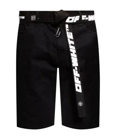 Off-white Logo-belt Denim Shorts In Black