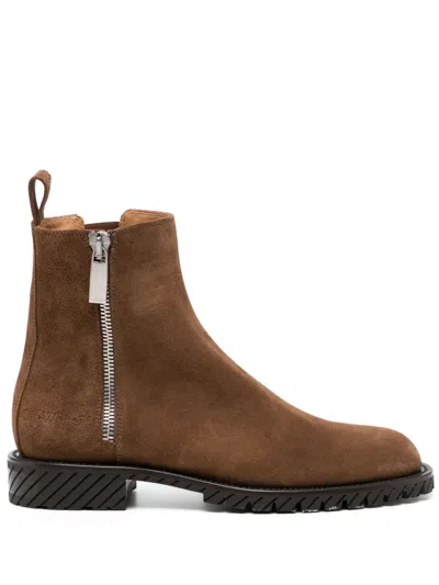 Off-white Logo-debossed Suede Ankle Boots In Brown