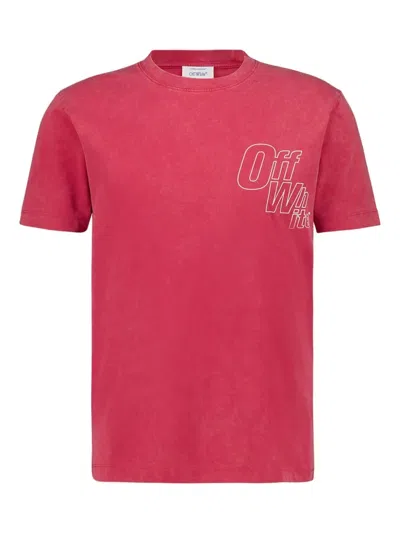 Off-white Ribbed Neck Cotton T-shirt With Arrow Design In Pink