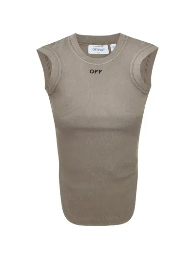 Off-white Ribbed Cotton-elastane Sleeveless Top With Minimalist Lettering In Gray