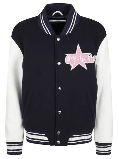Off-white Varsity Jacket With Ribbed Collar And Contrast Sleeves In Multi