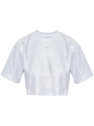 Off-white Logo-embroidered Cropped T-shirt In Silver