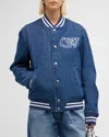 Off-white Embroidered Logo Denim Bomber Jacket In Deep Blue True Blue