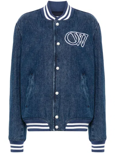 Off-white Embroidered Logo Denim Bomber Jacket In Blue