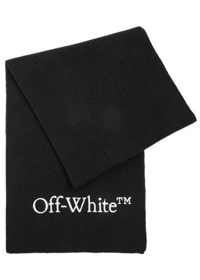 Off-white Logo-embroidered Ribbed Wool Scarf In Black
