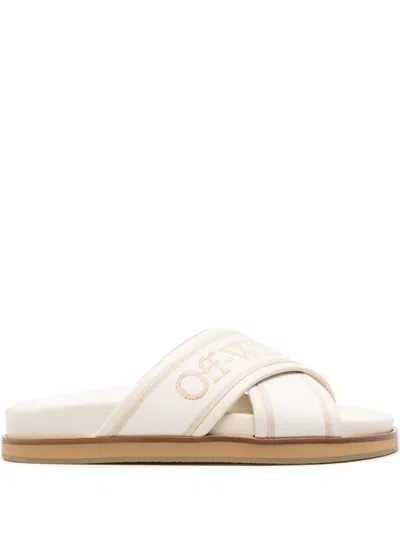 Off-white Logo-embroidered Slides In Neutrals