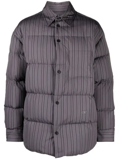 Off-white Logo-embroidered Striped Puffer Jacket In Dark Grey Black Dark Grey
