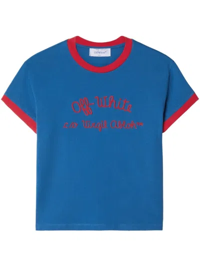 Off-white Blue Embr Script Type Fitted T-shirt In True Blue/high Risk Red