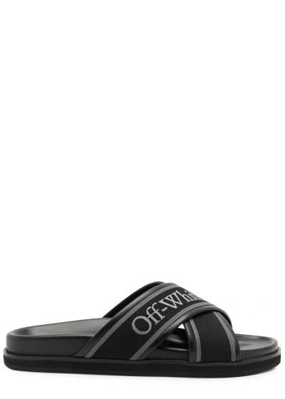 Off-white Logo-jacquard Leather Sliders In Black